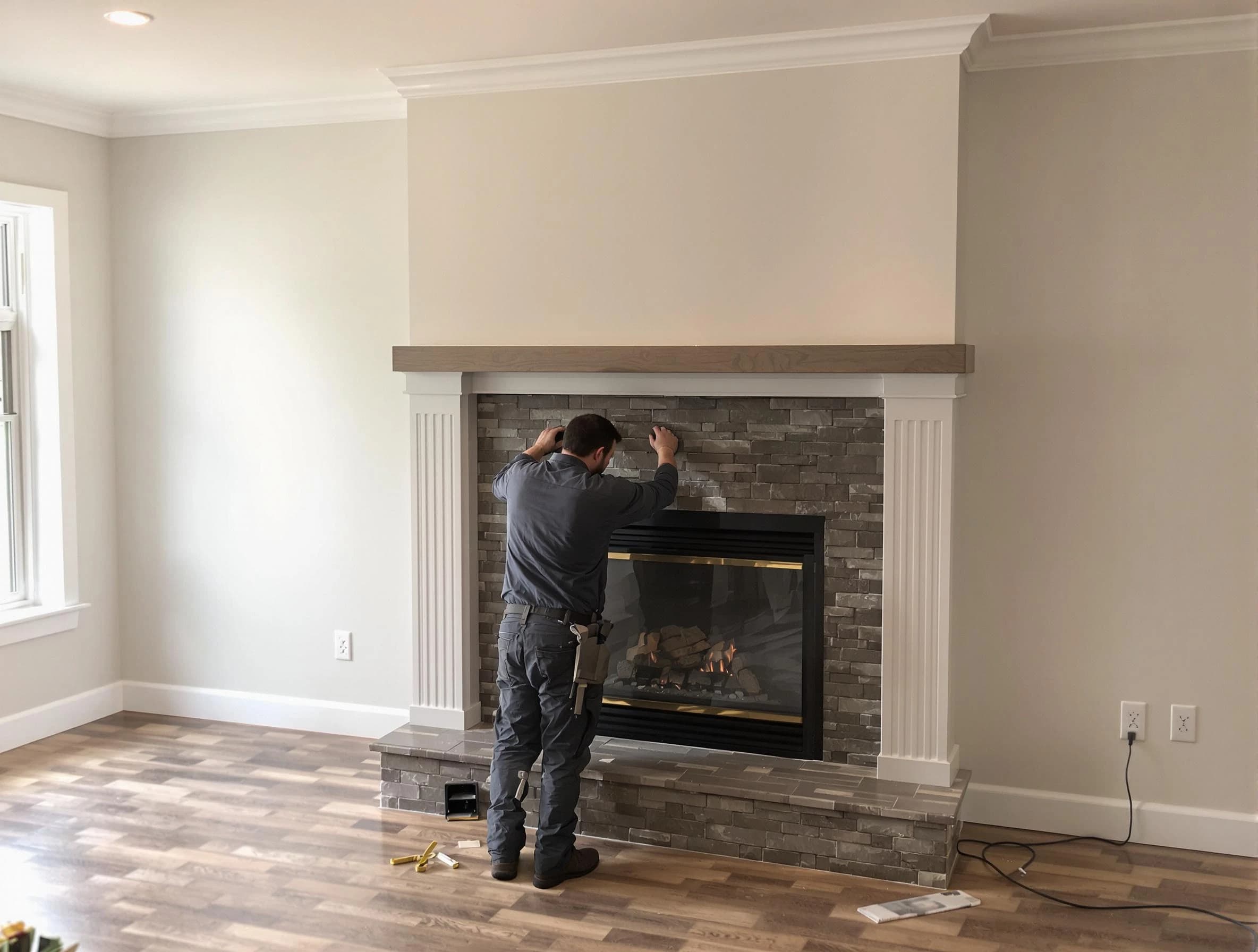 Revere Chimney Sweep finishing a custom fireplace install in Revere, MA