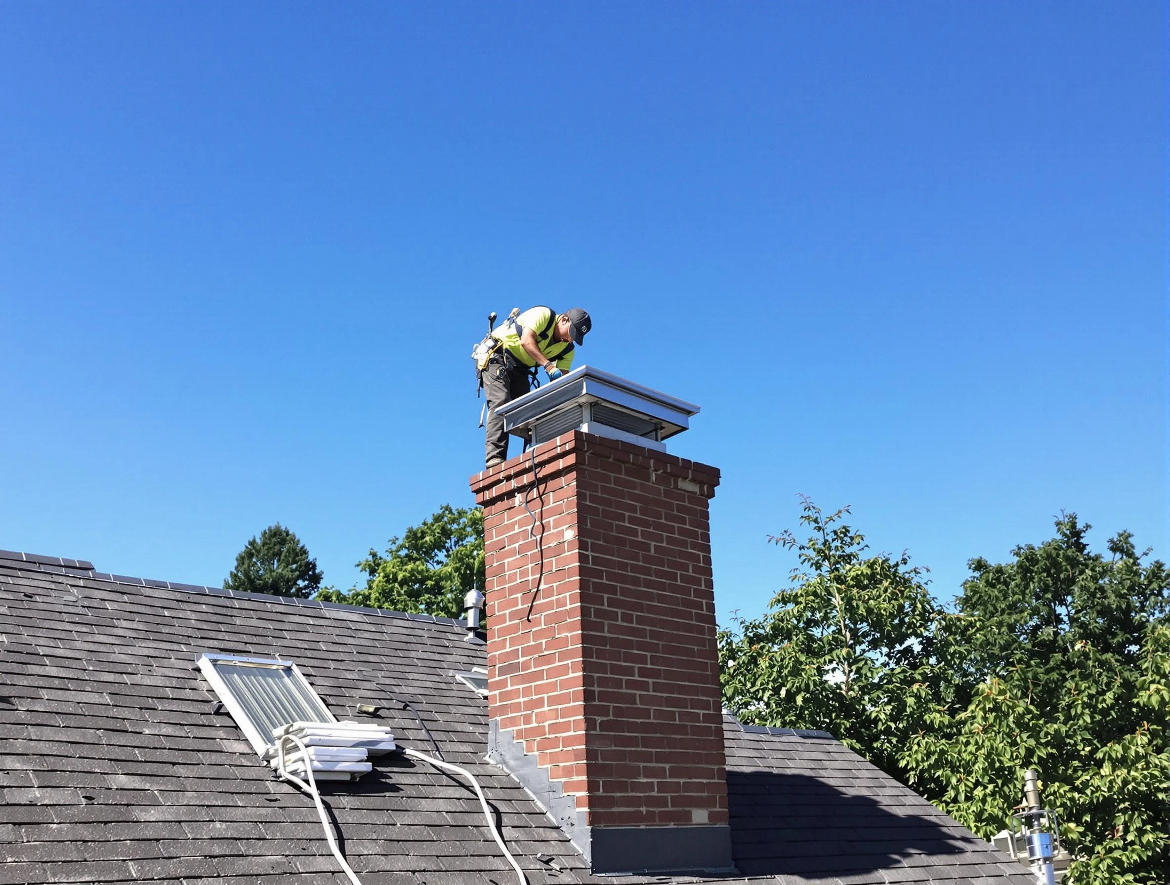 Revere Chimney Sweep technician measuring a chimney cap in Revere, MA